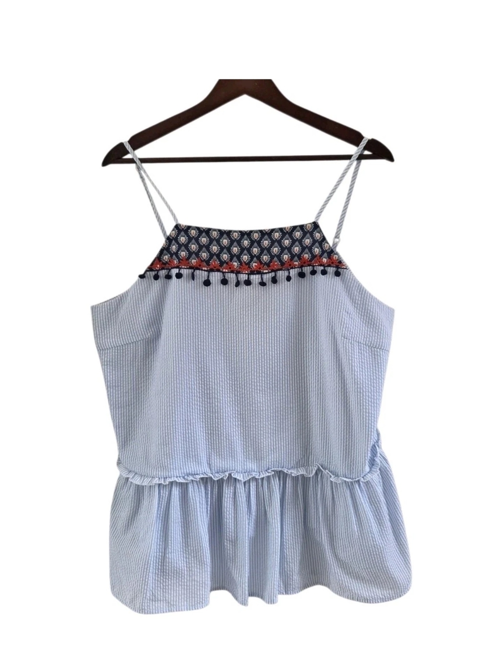 THML Blue White Striped Seersucker Tank Top Pom Pom Embroidered Womens Size XXL